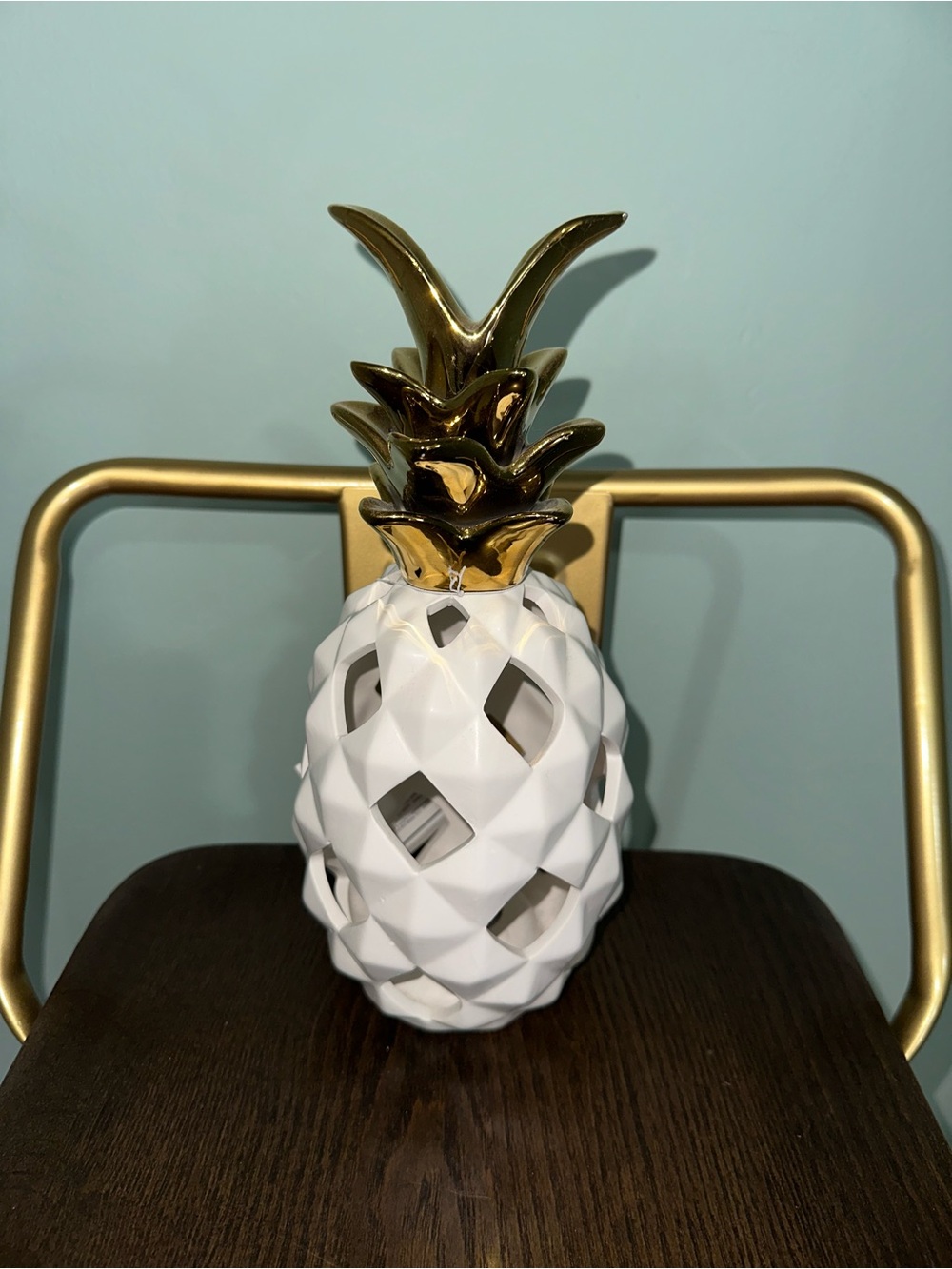 White Ceramic Pineapple Accent with Gold Top - Decorative Home Accent
